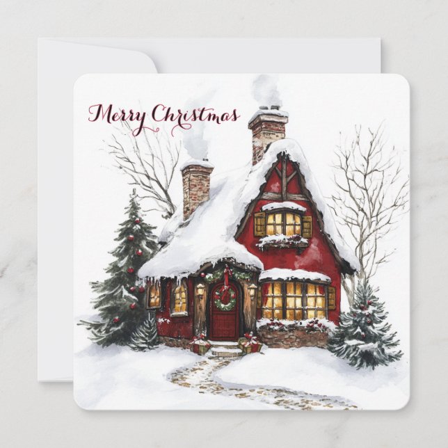 Customisable Christmas Card With Watercolor House (Front)