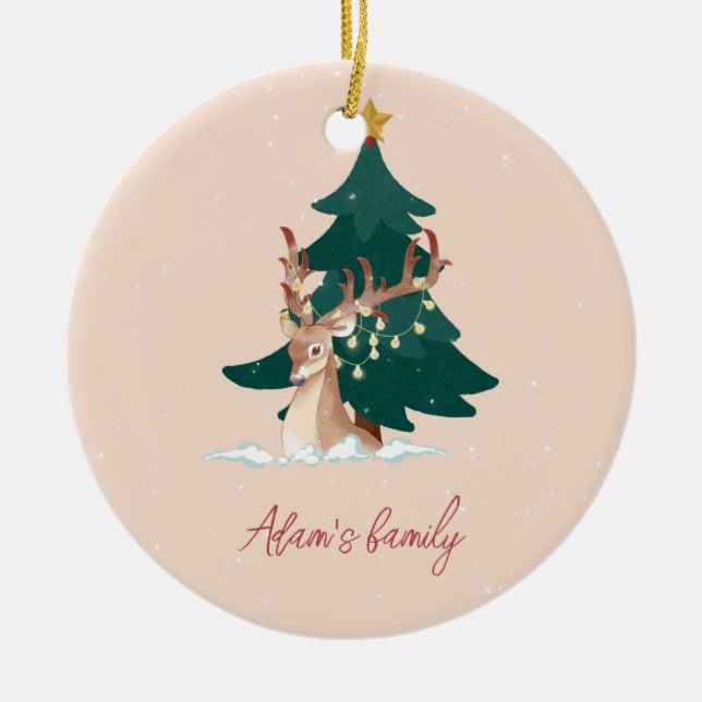 Customisable Christmas deer Ceramic Tree Decoration (Front)