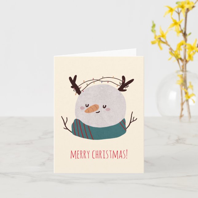 Customisable Christmas Fairy Lights Snowman Card (Yellow Flower)