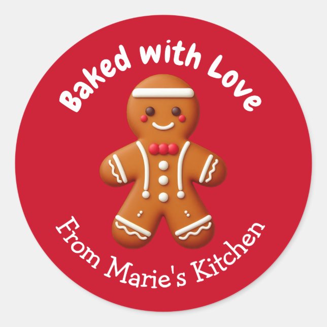 Customisable Christmas Gingerbread Baked with Love Classic Round Sticker (Front)
