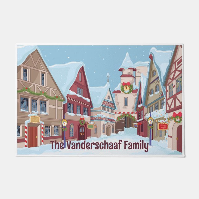 Customisable Christmas Town Winter Holiday Scene Doormat (Front)