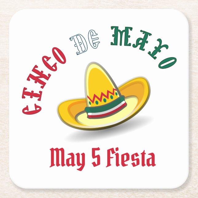 Customisable Cinco de Mayo May 5 Fiesta Square Paper Coaster (Front)