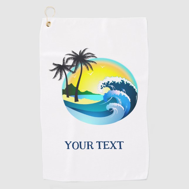 Customisable coconut trees blue waves tropical golf towel (Front)