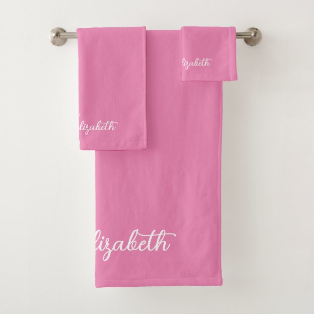 Customisable Colour And Text Script Name Pink Whit Bath Towel Set (Insitu)