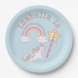 Customisable Colourful Unicorn Magic Wand Birthday Paper Plate