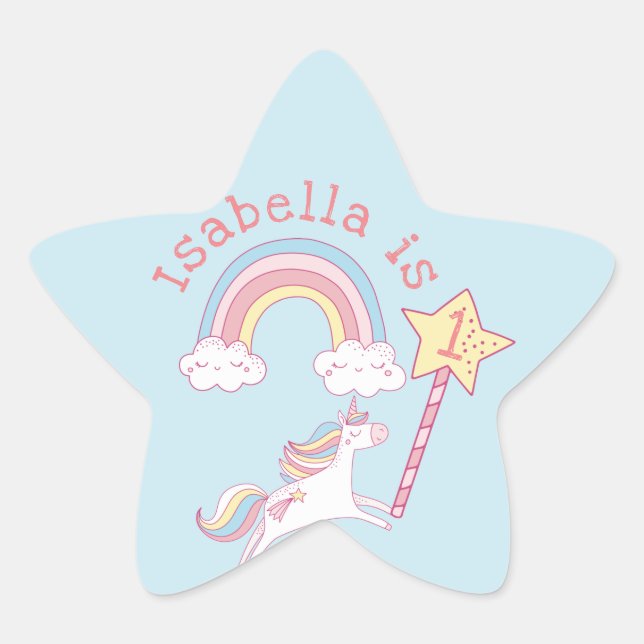Customisable Colourful Unicorn Magic Wand Birthday Star Sticker (Front)