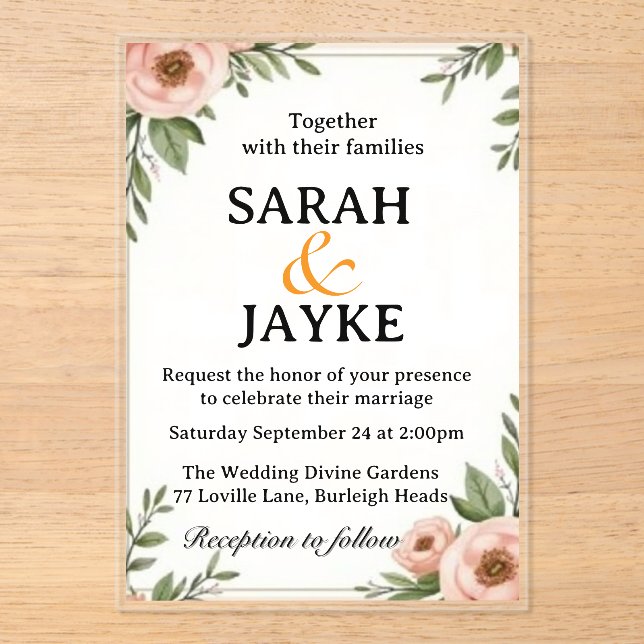 Customisable Colourful Watercolor Floral Acrylic W Invitations (Front)