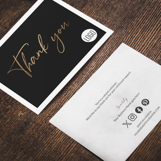 Customisable Company Logo Social Gold Black Modern Thank You Card (Black and faux gold thank you script, custom logo with social icons card.)