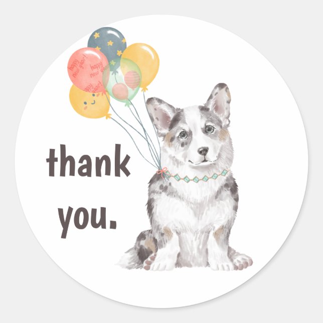 Customisable Corgi Birthday Party Thank You Classic Round Sticker (Front)