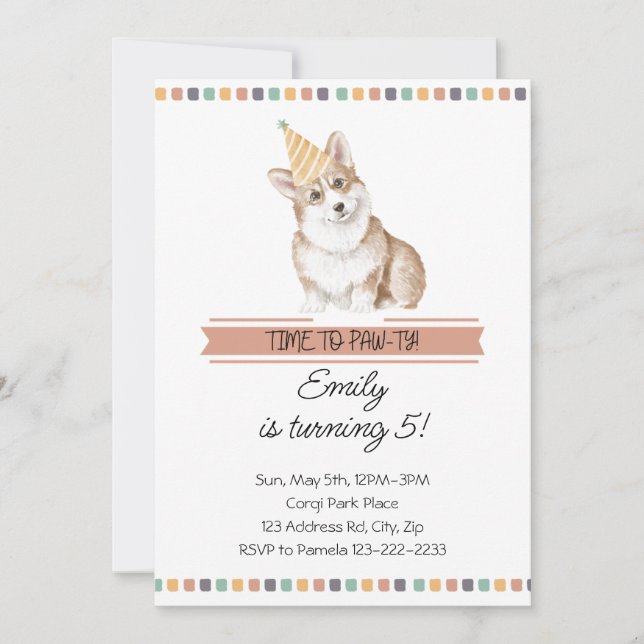 Customisable Corgi It's Time to Pawty Invitation (Front)