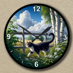 Customisable Countryside Tuxedo Cat Exploring Round Clock