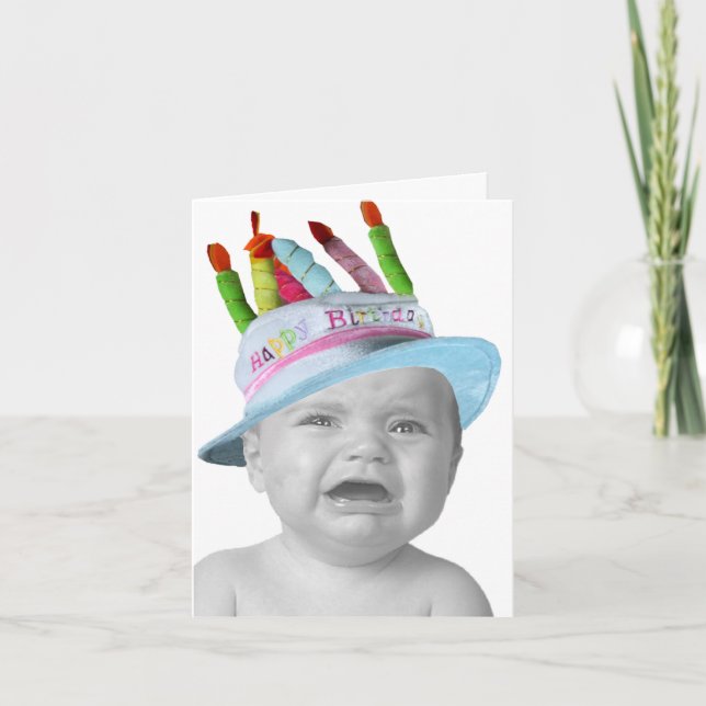 Customisable Crying Baby In A Birthday Hat Card (Front)