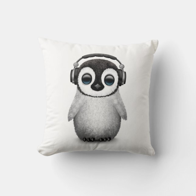 Customisable Cute Baby Penguin Dj with Headphones Cushion (Front)