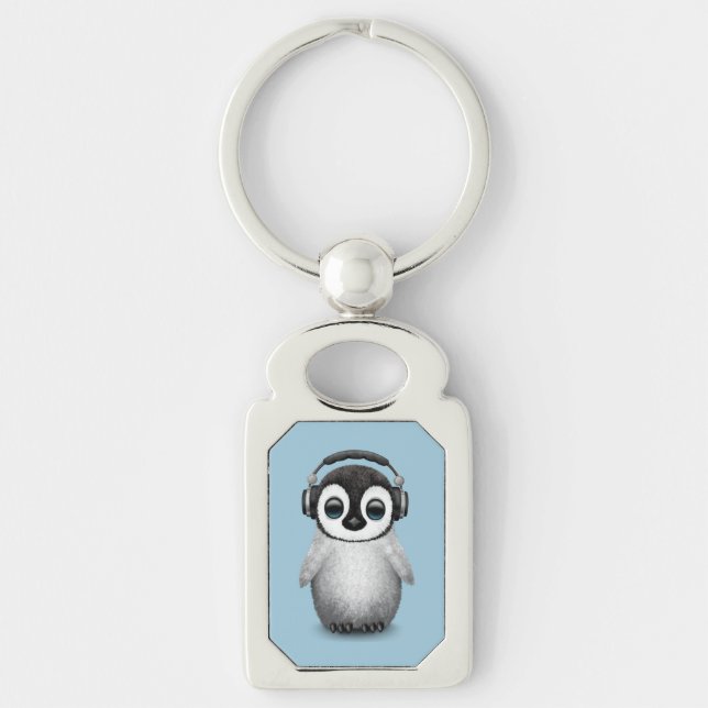 Customisable Cute Baby Penguin Dj with Headphones Key Ring (Front)