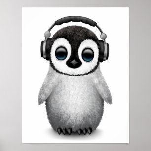 Customisable Cute Baby Penguin Dj with Headphones Poster