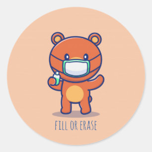 Customisable cute bear mask sanitizer classic round sticker