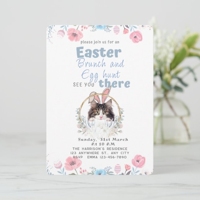 Customisable Cute Black And White Cat Bunny Easter Invitation (Standing Front)