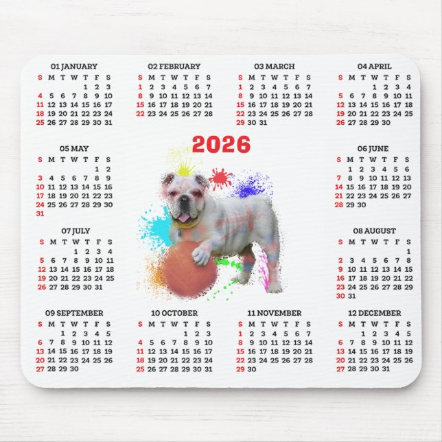 Customisable Cute British Bulldog Calendar Mouse Mat (Front)