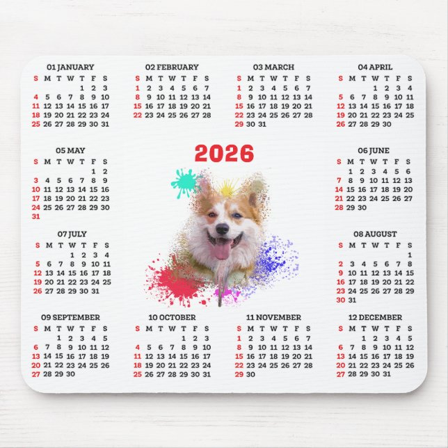 Customisable Cute Corgi Dog Calendar Mouse Mat (Front)
