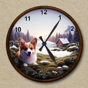 Customisable Cute Corgi Scenic Background  Round Clock