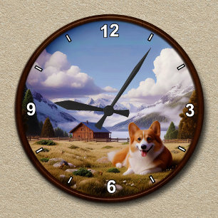 Customisable Cute Corgi Scenic Background  Round Clock