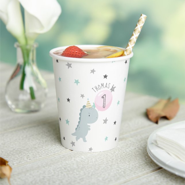 Customisable Cute Dinosaur Birthday Paper Plates Cups (Insitu)
