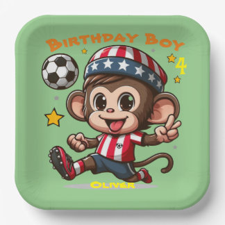 Customisable Cute Happy Monkey Soccer Player Paper Plate