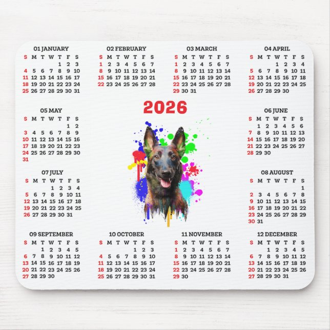 Customisable Cute Malinois Dog Calendar Mouse Mat (Front)
