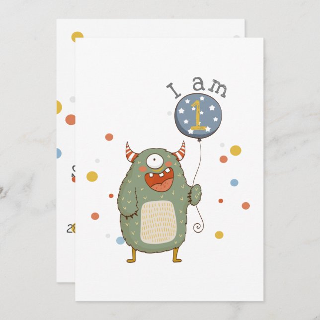 Customisable Cute Monster with Balloon Birthday Invitation (Front/Back)