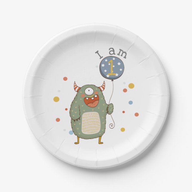 Customisable Cute Monster with Balloon Birthday Paper Plate (Front)