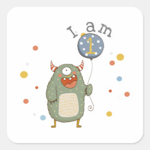 Customisable Cute Monster with Balloon Birthday Square Sticker