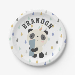 Customisable Cute Panda First Birthday Balloon Paper Plate