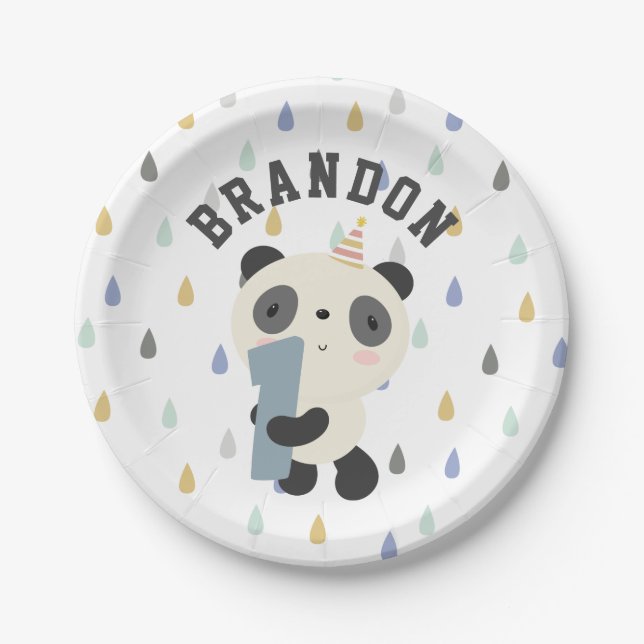 Customisable Cute Panda First Birthday Balloon Paper Plate (Front)