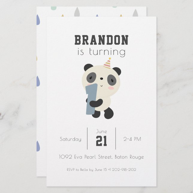 Customisable Cute Panda First Birthday Invitation Stationery (Front/Back)