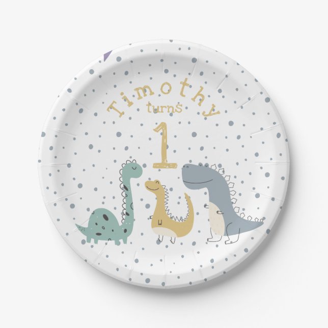 Customisable Cute Pastel Dinosaurs Birthday Paper Plate (Front)