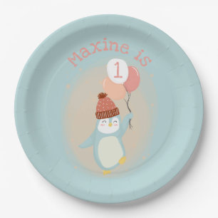 Customisable Cute Pastel Penguin with Balloons Paper Plate