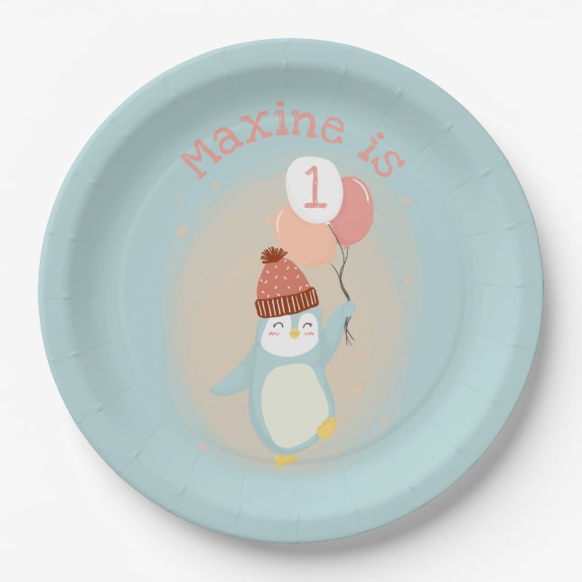 Customisable Cute Pastel Penguin with Balloons Paper Plate (Front)