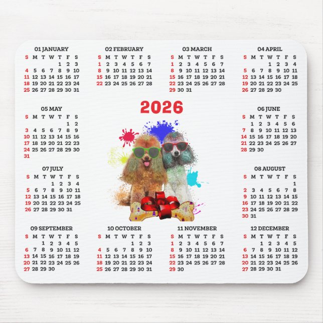 Customisable Cute Poodle Dog Calendar  Mouse Mat (Front)