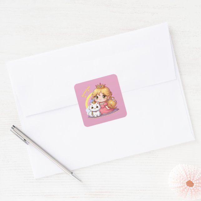 Customisable Cute princess with White Cat Square Sticker (Envelope)