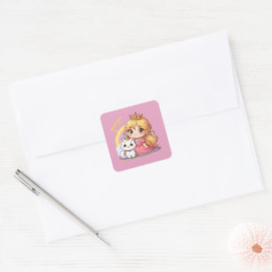 Customisable Cute princess with White Cat Square Sticker
