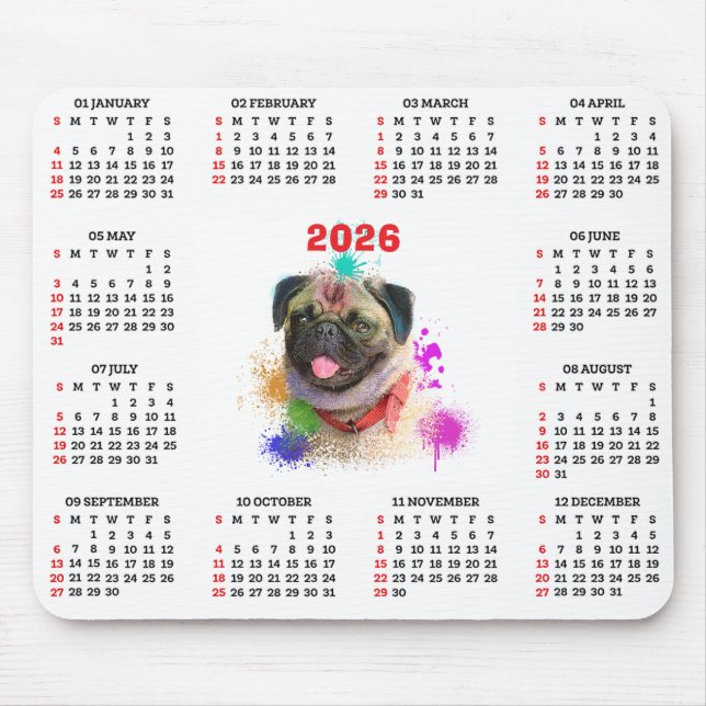 Customisable Cute Pug Dog Calendar  Mouse Mat (Front)