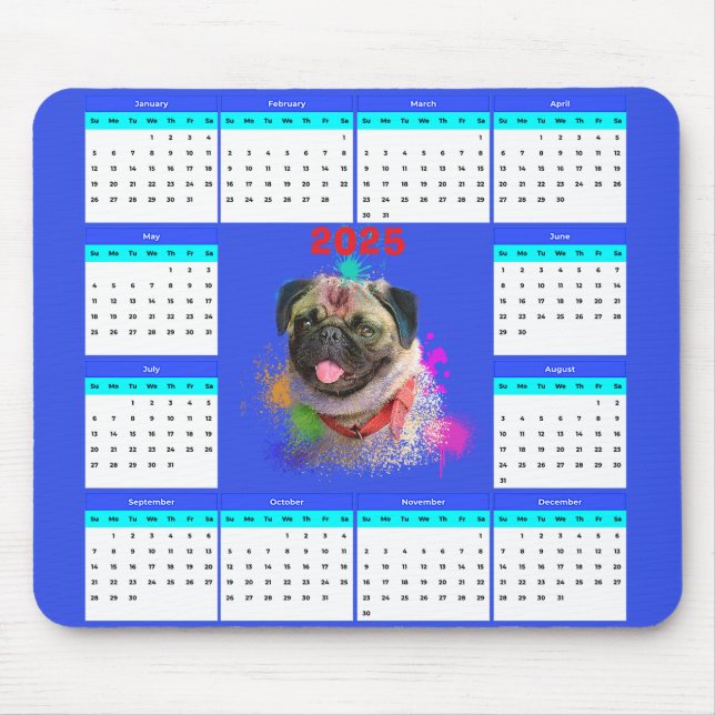 Customisable Cute Pug Dog Calendar  Mouse Mat (Front)
