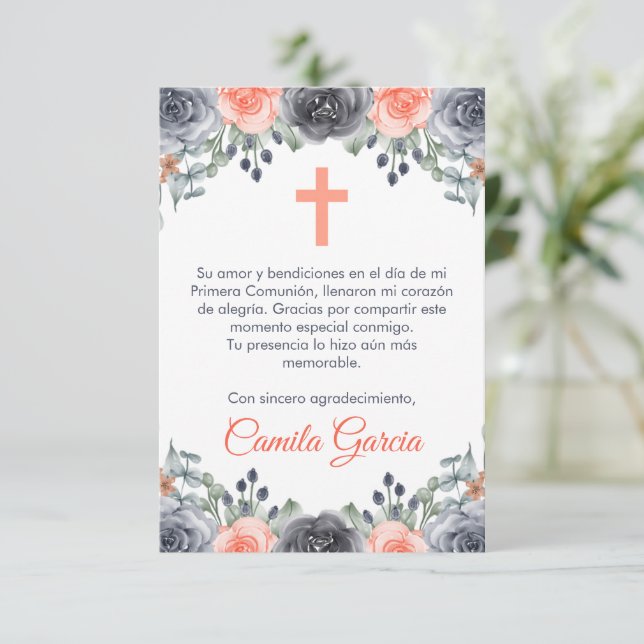 Customisable Cute Salmon Coloured First Communion Thank You Card (Standing Front)