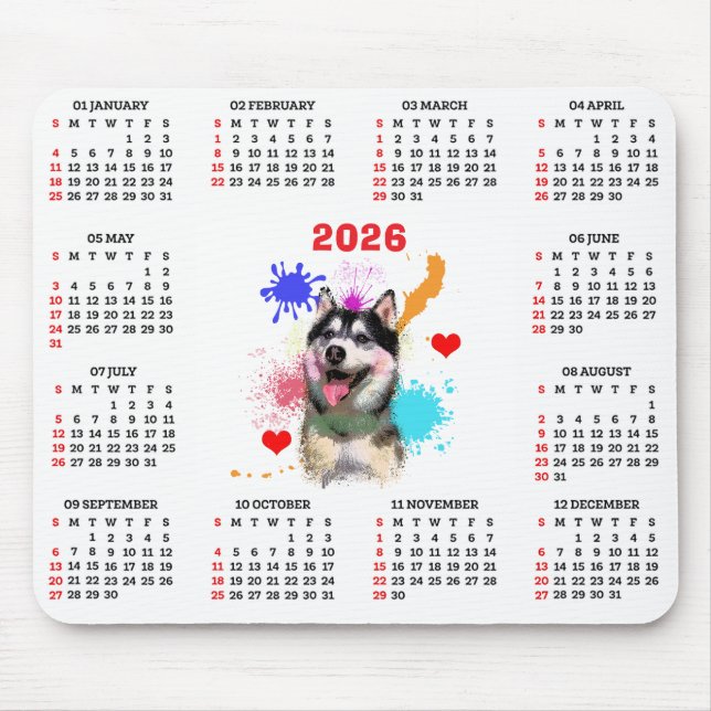 Customisable Cute Siberian Husky Dog Calendar Mouse Mat (Front)