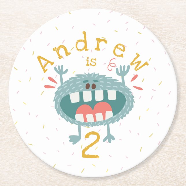 Customisable Cute Teal Monster Round Paper Coaster (Front)