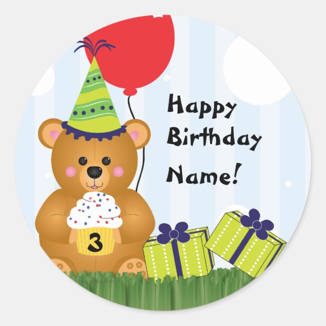 Customisable Cute Teddy Bear Birthday Sticker (Front)