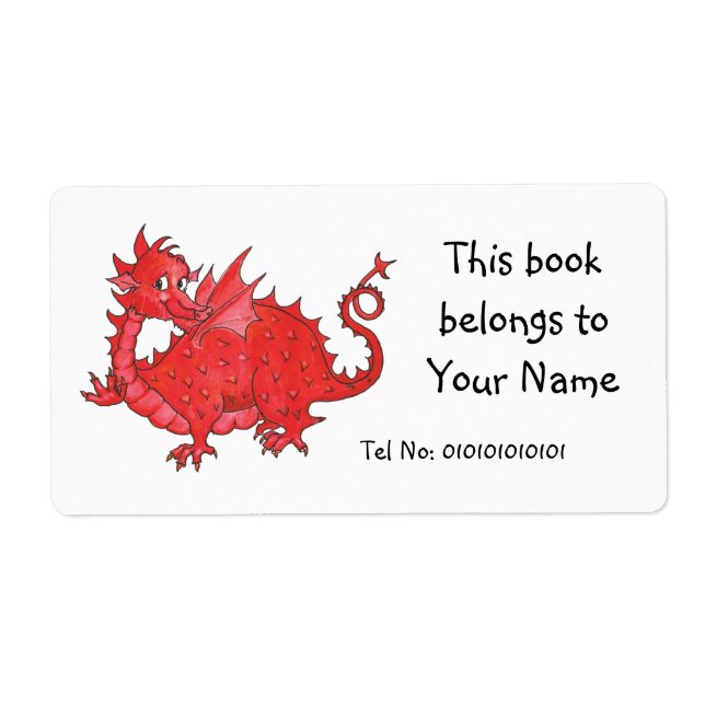 Customisable Cute Welsh Red Dragon Bookplate (Front)