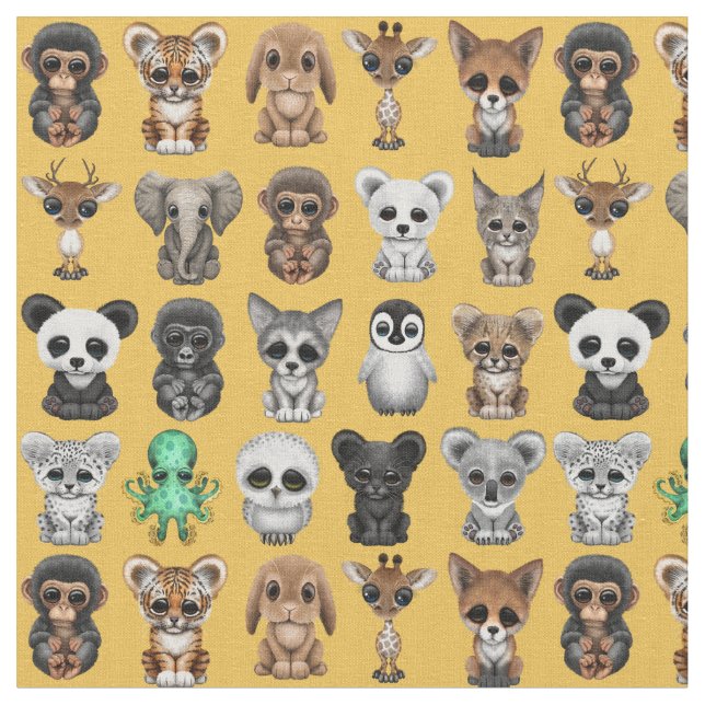 Customisable Cute Wild Baby Animals Pattern Fabric (Close Up)