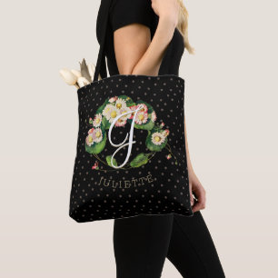 Customisable Daisies Wreath Monogram Elegant Black Tote Bag