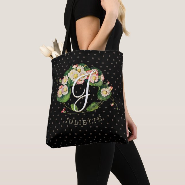 Customisable Daisies Wreath Monogram Elegant Black Tote Bag (Close Up)